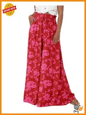 Wide Leg Flowy Palazzo Pants Drawstring Elastic Waist Side Pockets